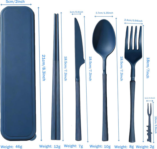 Camping Cutlery Set, Reusable Plastic Travel Utensils with Storage Case | Heavy duty portable silverware fork spoon knife for adults, dark blue for camping, picnic, hiking, office, lunch box & dorm