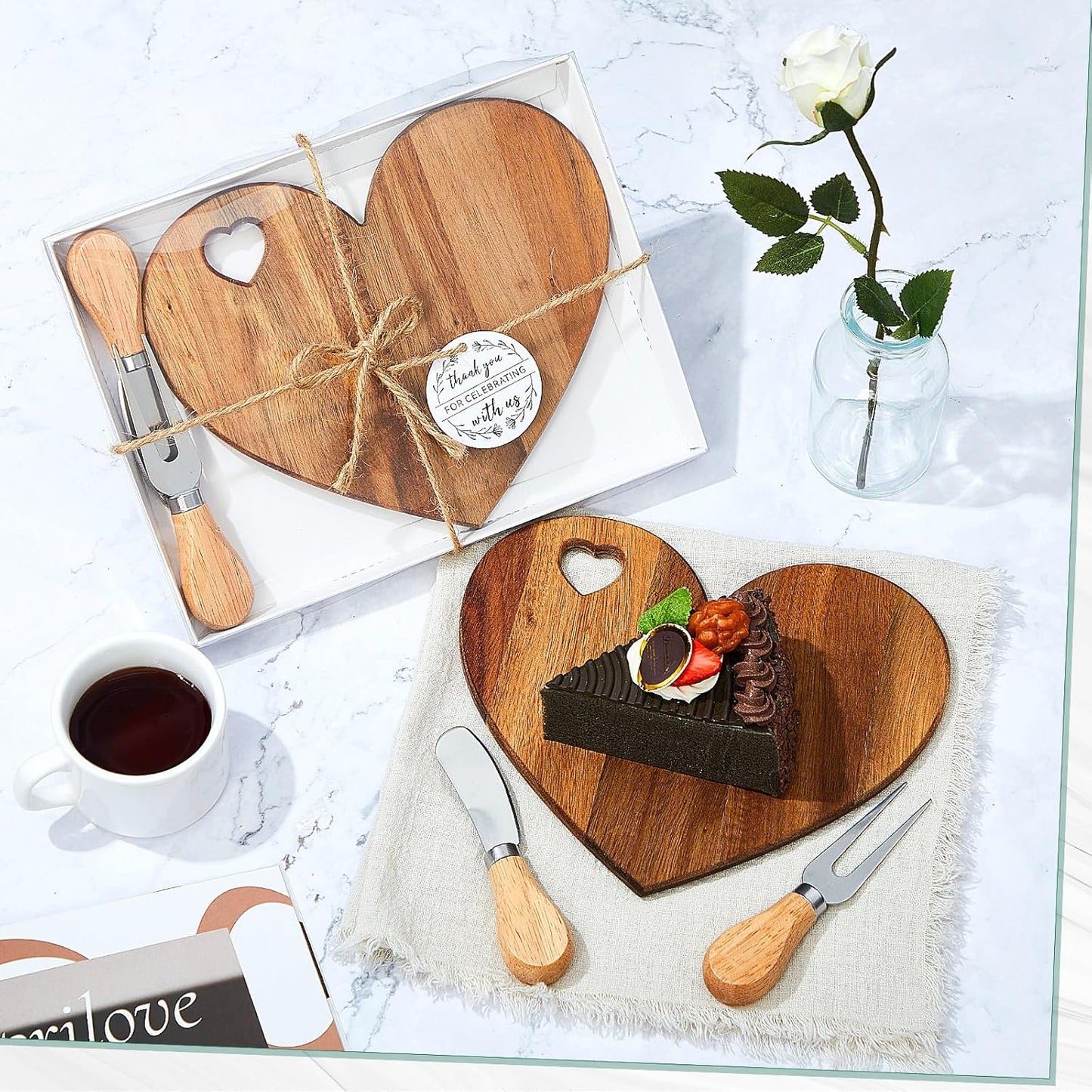 1 Set Bridal Baby Shower Favor Heart Cheese Board with Knife, Wood Mini Charcuterie Board Thank You Gift Box for Guest Bridal Baby Shower Prize Wedding Valentines Birthday (Acacia Color)