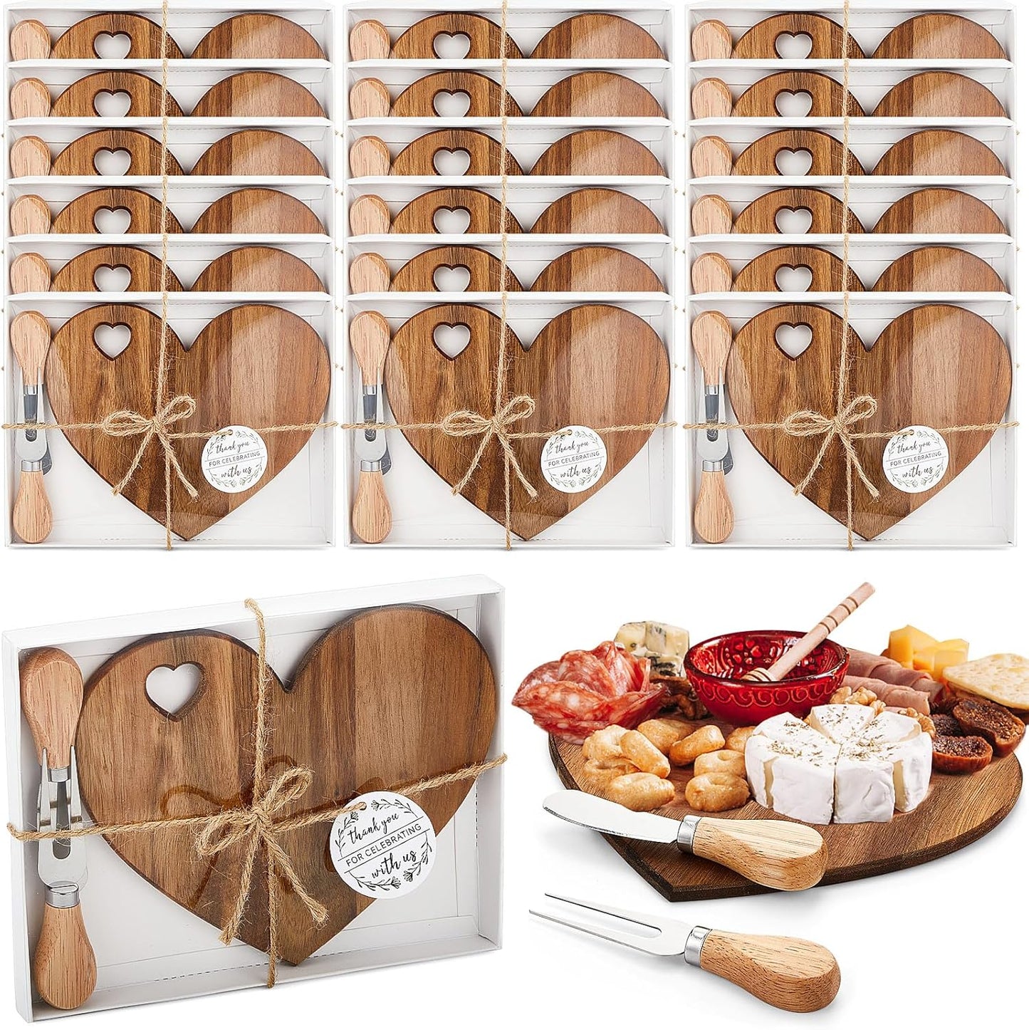 1 Set Bridal Baby Shower Favor Heart Cheese Board with Knife, Wood Mini Charcuterie Board Thank You Gift Box for Guest Bridal Baby Shower Prize Wedding Valentines Birthday (Acacia Color)