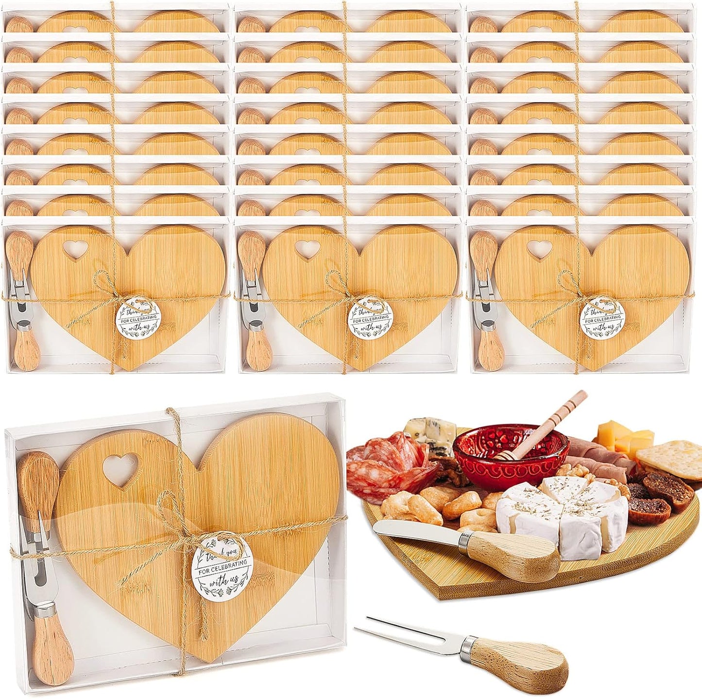1 Set Bridal Baby Shower Favor Heart Cheese Board with Knife, Wood Mini Charcuterie Board Thank You Gift Box for Guest Bridal Baby Shower Prize Wedding Valentines Birthday (Acacia Color)