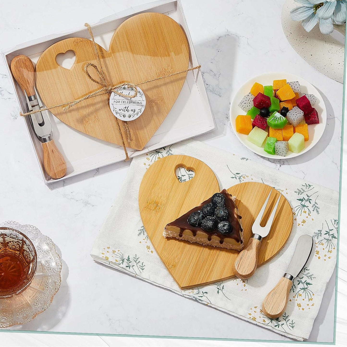 1 Set Bridal Baby Shower Favor Heart Cheese Board with Knife, Wood Mini Charcuterie Board Thank You Gift Box for Guest Bridal Baby Shower Prize Wedding Valentines Birthday (Acacia Color)