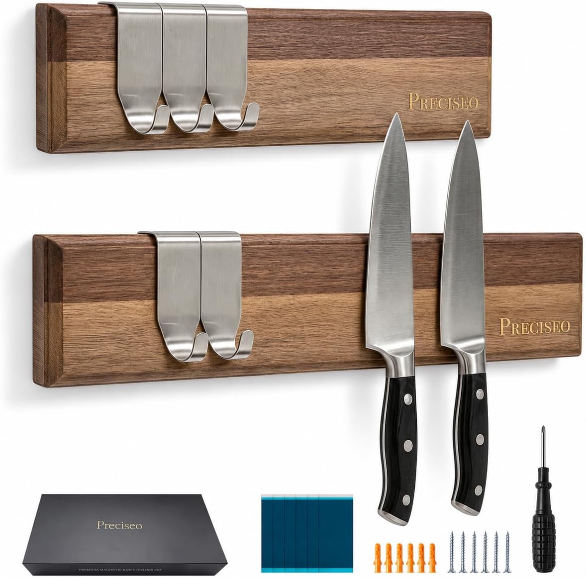 16"+10" Magnetic Knife Holder for Wall, Acacia Wood Knife Magnetic Strip Set with 5 Hooks for Kitchen Utensil Organization - No Drill Adhesive or Screw Mount, Complete Mounting Kit & Gift Box
