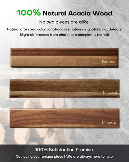 16"+10" Magnetic Knife Holder for Wall, Acacia Wood Knife Magnetic Strip Set with 5 Hooks for Kitchen Utensil Organization - No Drill Adhesive or Screw Mount, Complete Mounting Kit & Gift Box