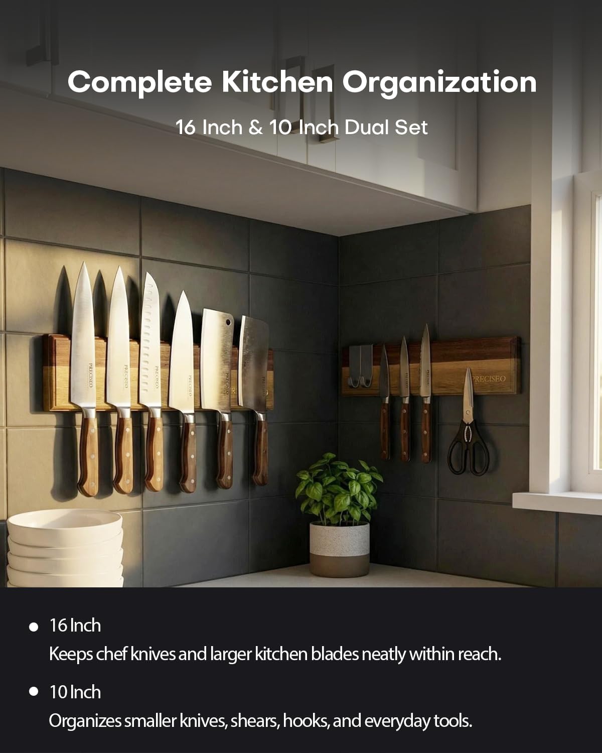 16"+10" Magnetic Knife Holder for Wall, Acacia Wood Knife Magnetic Strip Set with 5 Hooks for Kitchen Utensil Organization - No Drill Adhesive or Screw Mount, Complete Mounting Kit & Gift Box
