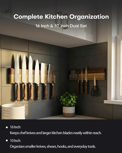 16"+10" Magnetic Knife Holder for Wall, Acacia Wood Knife Magnetic Strip Set with 5 Hooks for Kitchen Utensil Organization - No Drill Adhesive or Screw Mount, Complete Mounting Kit & Gift Box