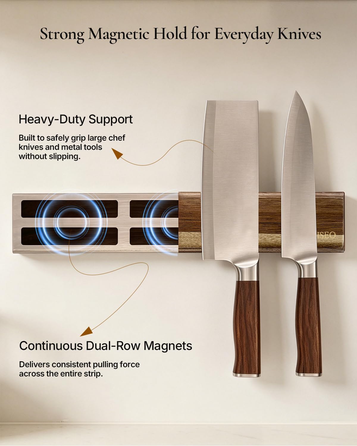 16"+10" Magnetic Knife Holder for Wall, Acacia Wood Knife Magnetic Strip Set with 5 Hooks for Kitchen Utensil Organization - No Drill Adhesive or Screw Mount, Complete Mounting Kit & Gift Box