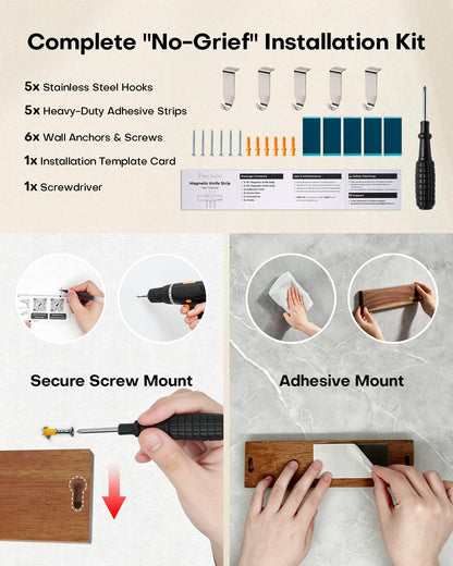 16"+10" Magnetic Knife Holder for Wall, Acacia Wood Knife Magnetic Strip Set with 5 Hooks for Kitchen Utensil Organization - No Drill Adhesive or Screw Mount, Complete Mounting Kit & Gift Box