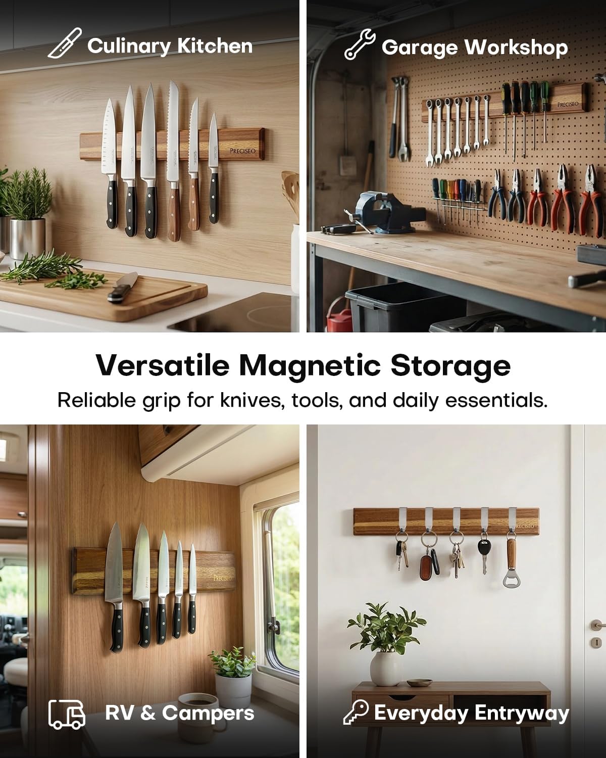 16"+10" Magnetic Knife Holder for Wall, Acacia Wood Knife Magnetic Strip Set with 5 Hooks for Kitchen Utensil Organization - No Drill Adhesive or Screw Mount, Complete Mounting Kit & Gift Box