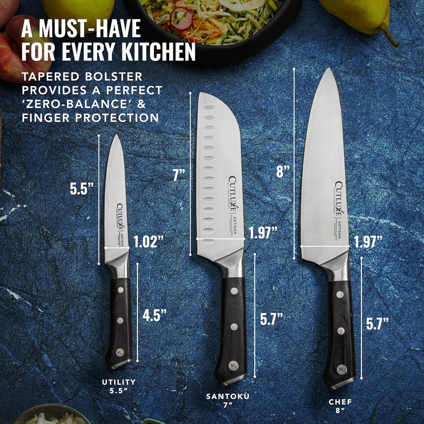 Chef Knife Set, 3 PCS Professional Chef's Knife Set – Razor Sharp German Steel, Full Tang, Ergonomic Handles - Artisan Series