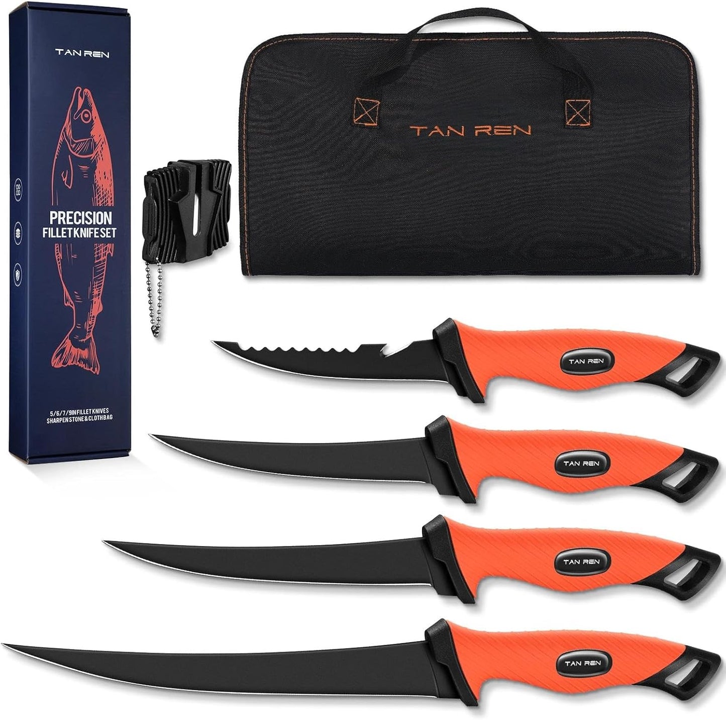 TAN REN 5 PCS Fish Filet Knife Set, Stainless Steel Bait & Fillet Knives | Fillet Knives with Sharpener and Storage Bag, Fishing Knives Kit with Non-Slip Handle for Filleting, Boning, Gift for Men