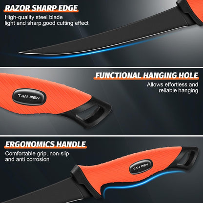 TAN REN 5 PCS Fish Filet Knife Set, Stainless Steel Bait & Fillet Knives | Fillet Knives with Sharpener and Storage Bag, Fishing Knives Kit with Non-Slip Handle for Filleting, Boning, Gift for Men