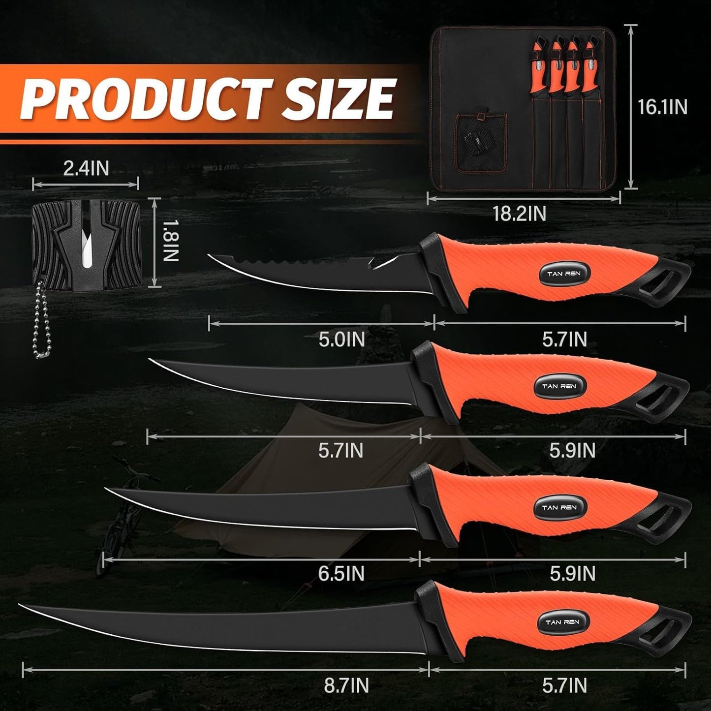 TAN REN 5 PCS Fish Filet Knife Set, Stainless Steel Bait & Fillet Knives | Fillet Knives with Sharpener and Storage Bag, Fishing Knives Kit with Non-Slip Handle for Filleting, Boning, Gift for Men