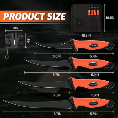 TAN REN 5 PCS Fish Filet Knife Set, Stainless Steel Bait & Fillet Knives | Fillet Knives with Sharpener and Storage Bag, Fishing Knives Kit with Non-Slip Handle for Filleting, Boning, Gift for Men