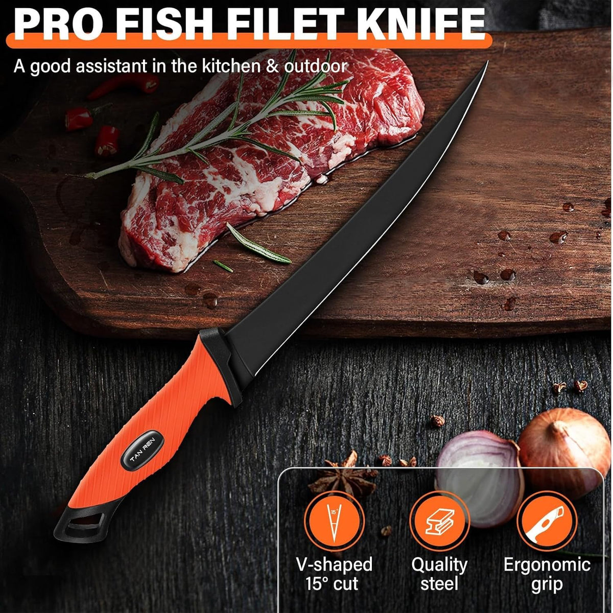 TAN REN 5 PCS Fish Filet Knife Set, Stainless Steel Bait & Fillet Knives | Fillet Knives with Sharpener and Storage Bag, Fishing Knives Kit with Non-Slip Handle for Filleting, Boning, Gift for Men