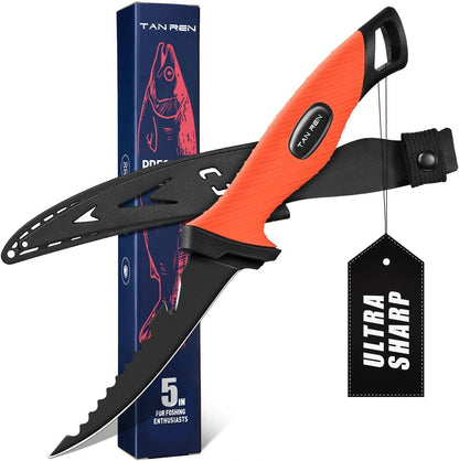 TAN REN 5 PCS Fish Filet Knife Set, Stainless Steel Bait & Fillet Knives | Fillet Knives with Sharpener and Storage Bag, Fishing Knives Kit with Non-Slip Handle for Filleting, Boning, Gift for Men