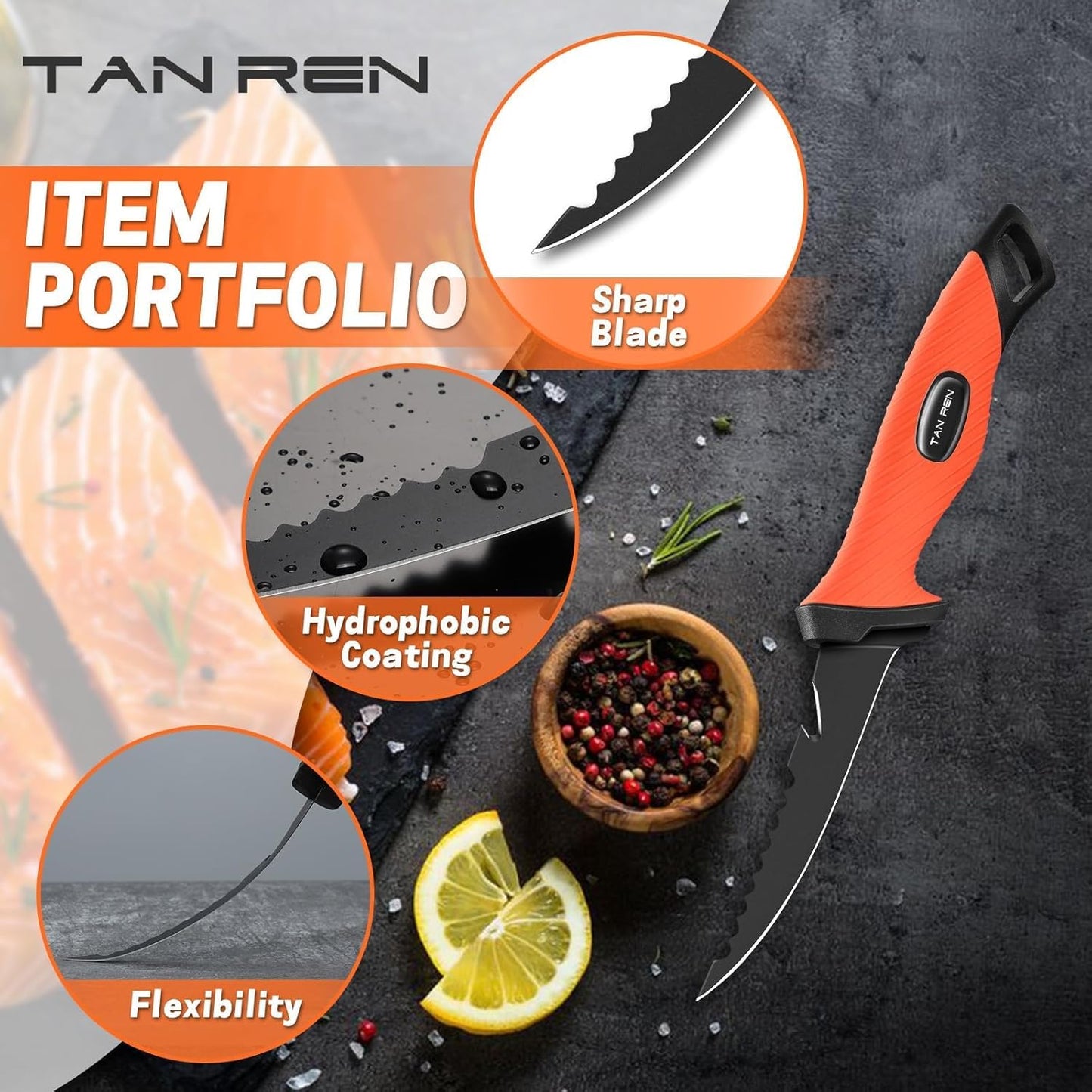 TAN REN 5 PCS Fish Filet Knife Set, Stainless Steel Bait & Fillet Knives | Fillet Knives with Sharpener and Storage Bag, Fishing Knives Kit with Non-Slip Handle for Filleting, Boning, Gift for Men