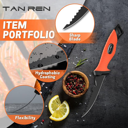 TAN REN 5 PCS Fish Filet Knife Set, Stainless Steel Bait & Fillet Knives | Fillet Knives with Sharpener and Storage Bag, Fishing Knives Kit with Non-Slip Handle for Filleting, Boning, Gift for Men