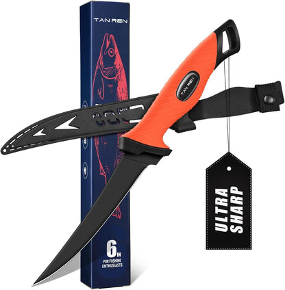 TAN REN 5 PCS Fish Filet Knife Set, Stainless Steel Bait & Fillet Knives | Fillet Knives with Sharpener and Storage Bag, Fishing Knives Kit with Non-Slip Handle for Filleting, Boning, Gift for Men