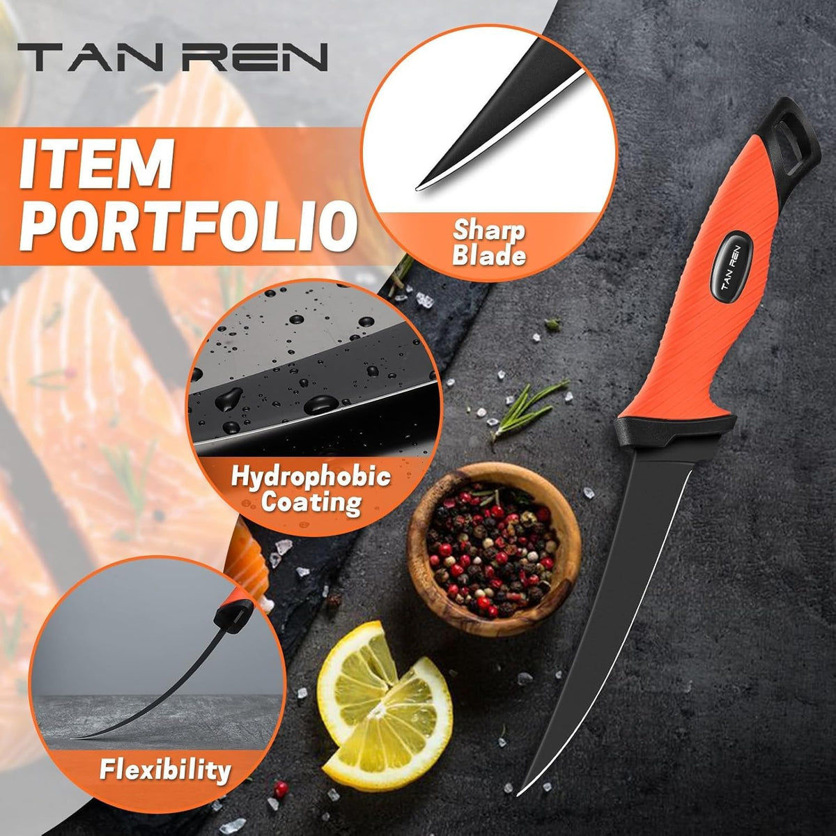 TAN REN 5 PCS Fish Filet Knife Set, Stainless Steel Bait & Fillet Knives | Fillet Knives with Sharpener and Storage Bag, Fishing Knives Kit with Non-Slip Handle for Filleting, Boning, Gift for Men