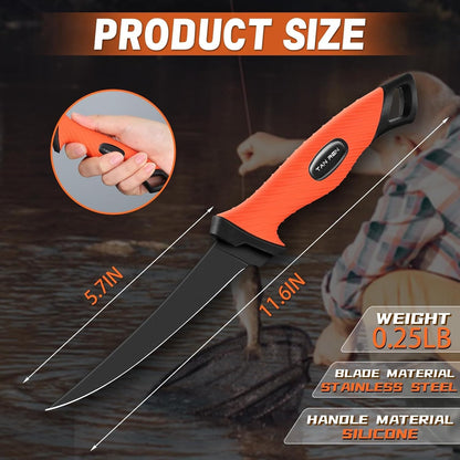 TAN REN 5 PCS Fish Filet Knife Set, Stainless Steel Bait & Fillet Knives | Fillet Knives with Sharpener and Storage Bag, Fishing Knives Kit with Non-Slip Handle for Filleting, Boning, Gift for Men