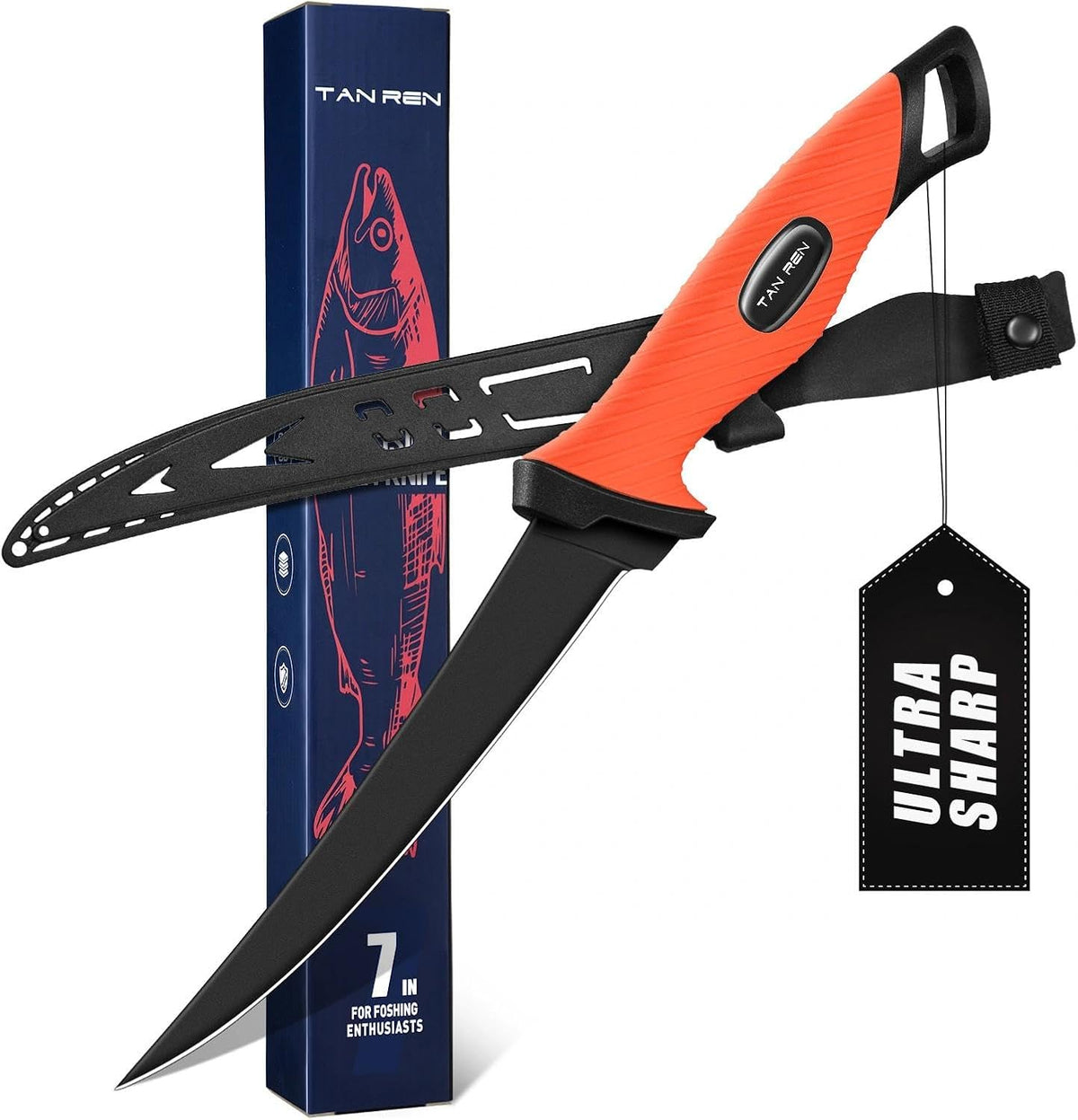 TAN REN 5 PCS Fish Filet Knife Set, Stainless Steel Bait & Fillet Knives | Fillet Knives with Sharpener and Storage Bag, Fishing Knives Kit with Non-Slip Handle for Filleting, Boning, Gift for Men