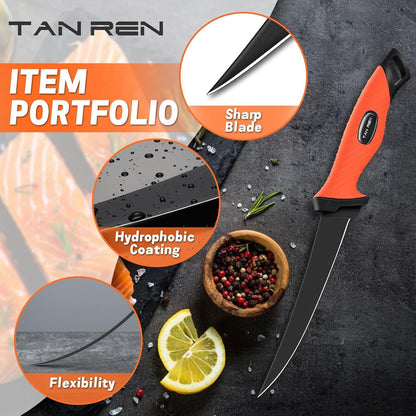 TAN REN 5 PCS Fish Filet Knife Set, Stainless Steel Bait & Fillet Knives | Fillet Knives with Sharpener and Storage Bag, Fishing Knives Kit with Non-Slip Handle for Filleting, Boning, Gift for Men