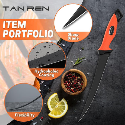 TAN REN 5 PCS Fish Filet Knife Set, Stainless Steel Bait & Fillet Knives | Fillet Knives with Sharpener and Storage Bag, Fishing Knives Kit with Non-Slip Handle for Filleting, Boning, Gift for Men