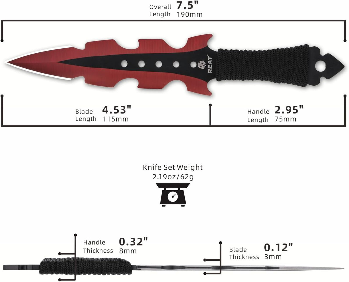 REAT Throwing Knives - 3 Piece, 7.5" 440 Stainless Steel with Cord-Wrapped Handle, Includes Nylon Carrying Case for Safe Storage,Ninja Kunai Knives for Competition,Recreation,Gifts for Men,Women