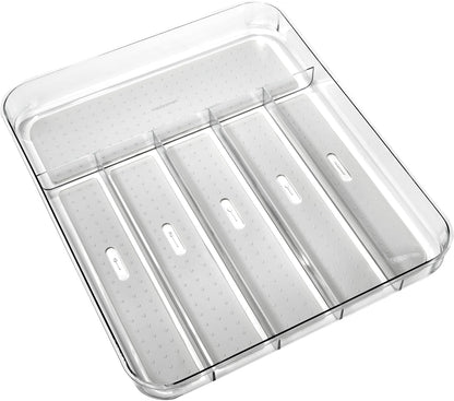 Premium Clear Silverware Tray, 6 Compartment Flatware Organizer for Forks, Knives & Spoons, Soft Grip Lining & Non Slip Base, Grey