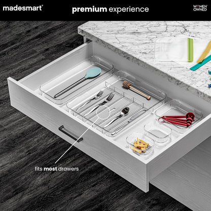 Premium Clear Silverware Tray, 6 Compartment Flatware Organizer for Forks, Knives & Spoons, Soft Grip Lining & Non Slip Base, Grey