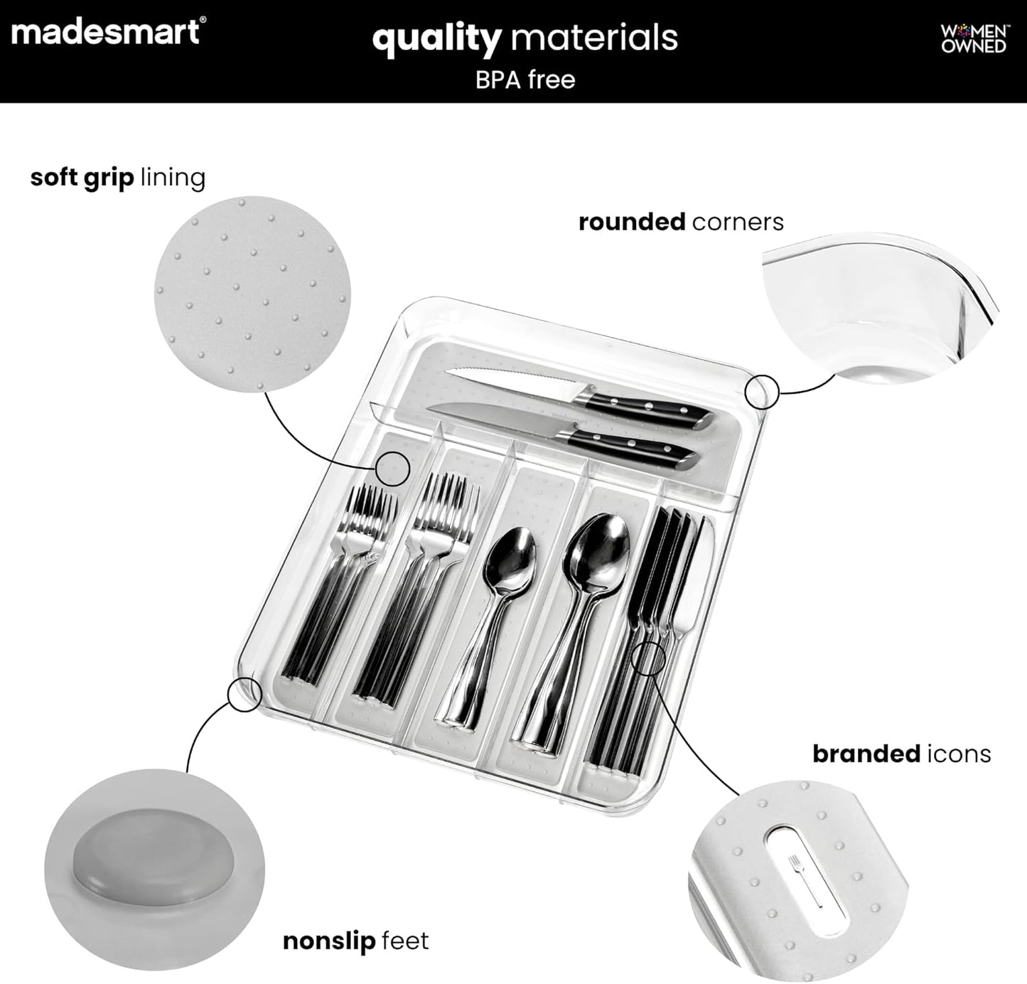 Premium Clear Silverware Tray, 6 Compartment Flatware Organizer for Forks, Knives & Spoons, Soft Grip Lining & Non Slip Base, Grey