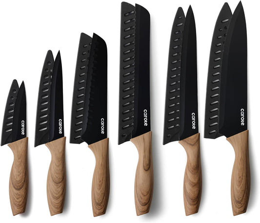 12-Piece Knife Set, Knives with Wood-Grain Finish Handles, Black | 6 Blade Guards, Stainless Steel Blade, Ceramic Nonstick Coating, Long-Lasting Sharpness, Rust-Resistant, Kitchen, Camping, RV