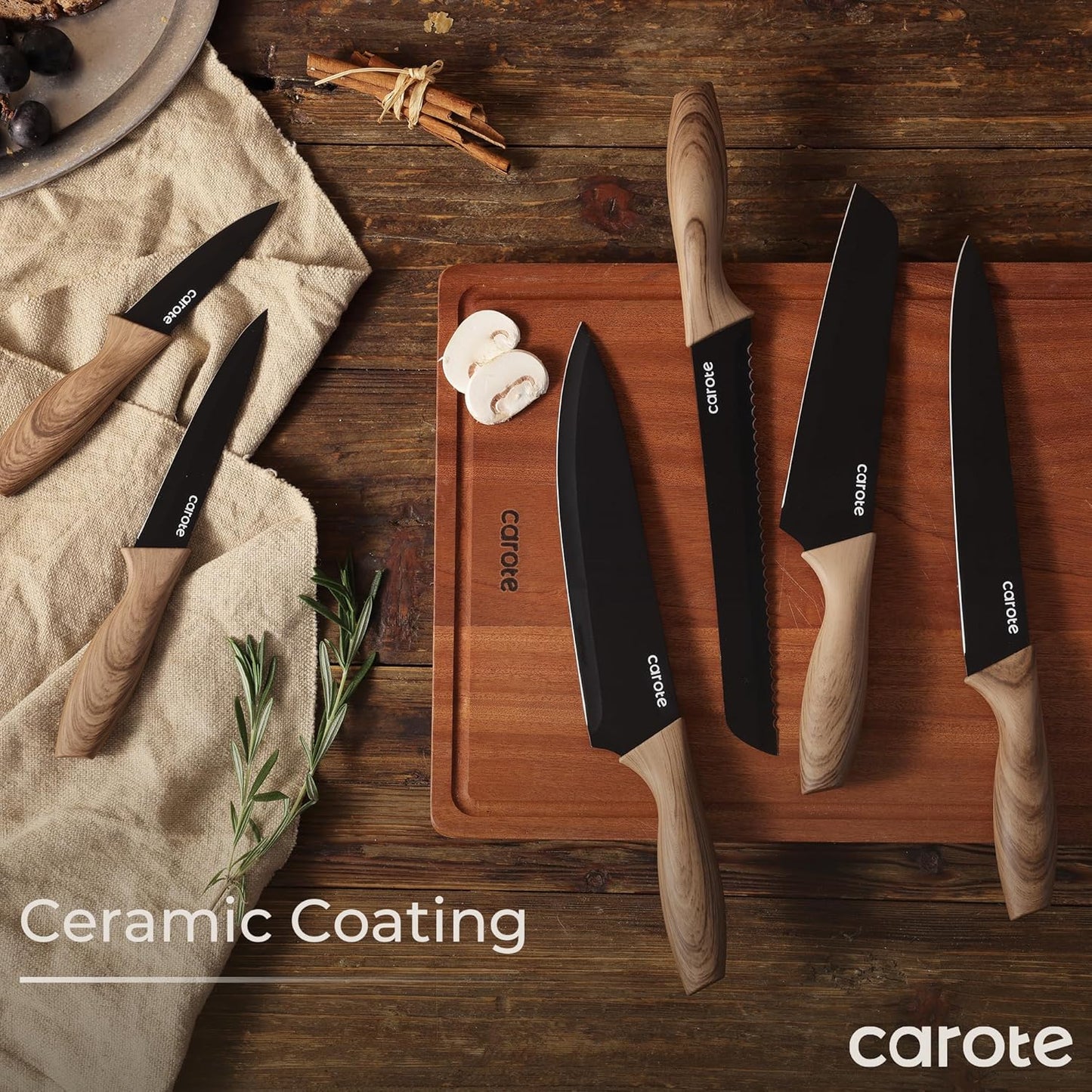 12-Piece Knife Set, Knives with Wood-Grain Finish Handles, Black | 6 Blade Guards, Stainless Steel Blade, Ceramic Nonstick Coating, Long-Lasting Sharpness, Rust-Resistant, Kitchen, Camping, RV