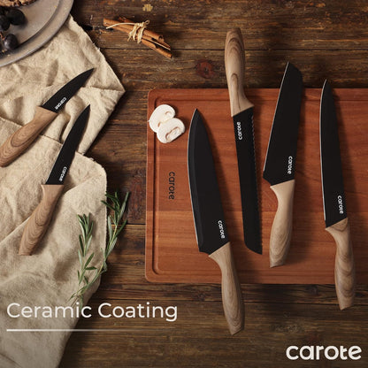 12-Piece Knife Set, Knives with Wood-Grain Finish Handles, Black | 6 Blade Guards, Stainless Steel Blade, Ceramic Nonstick Coating, Long-Lasting Sharpness, Rust-Resistant, Kitchen, Camping, RV