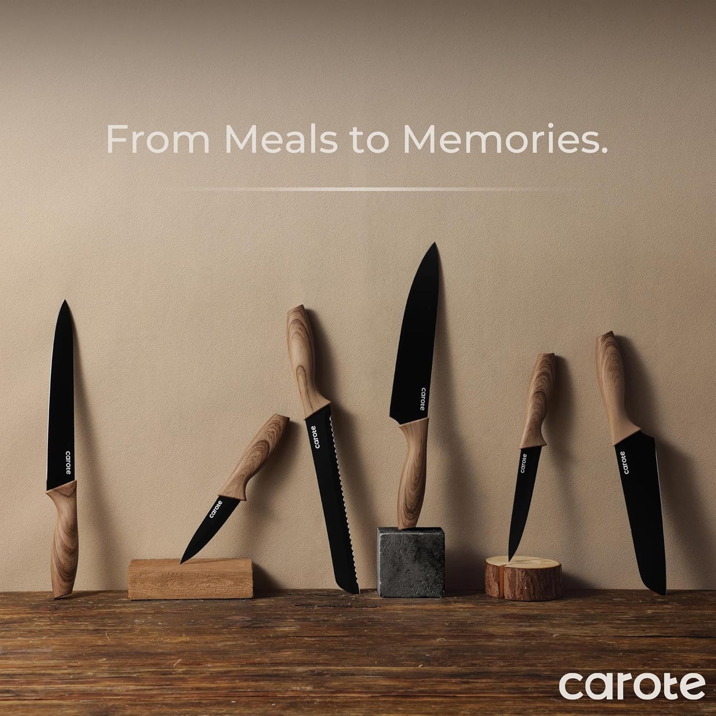 12-Piece Knife Set, Knives with Wood-Grain Finish Handles, Black | 6 Blade Guards, Stainless Steel Blade, Ceramic Nonstick Coating, Long-Lasting Sharpness, Rust-Resistant, Kitchen, Camping, RV