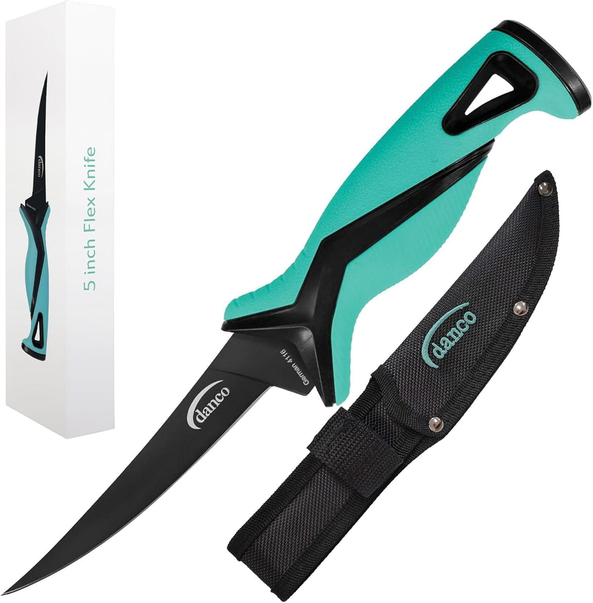 danco Pro Series 5-Inch Fillet Knife with German Steel Blade and Sheath | Pro Series 5-Inch Fillet Knife, Full Tang German G4116 Stainless Steel Blade, Teflon Coating, TPR Grip, Molded Nylon Sheath