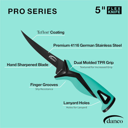 danco Pro Series 5-Inch Fillet Knife with German Steel Blade and Sheath | Pro Series 5-Inch Fillet Knife, Full Tang German G4116 Stainless Steel Blade, Teflon Coating, TPR Grip, Molded Nylon Sheath