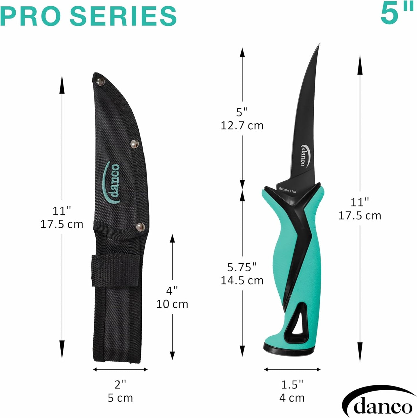 danco Pro Series 5-Inch Fillet Knife with German Steel Blade and Sheath | Pro Series 5-Inch Fillet Knife, Full Tang German G4116 Stainless Steel Blade, Teflon Coating, TPR Grip, Molded Nylon Sheath