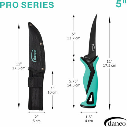 danco Pro Series 5-Inch Fillet Knife with German Steel Blade and Sheath | Pro Series 5-Inch Fillet Knife, Full Tang German G4116 Stainless Steel Blade, Teflon Coating, TPR Grip, Molded Nylon Sheath
