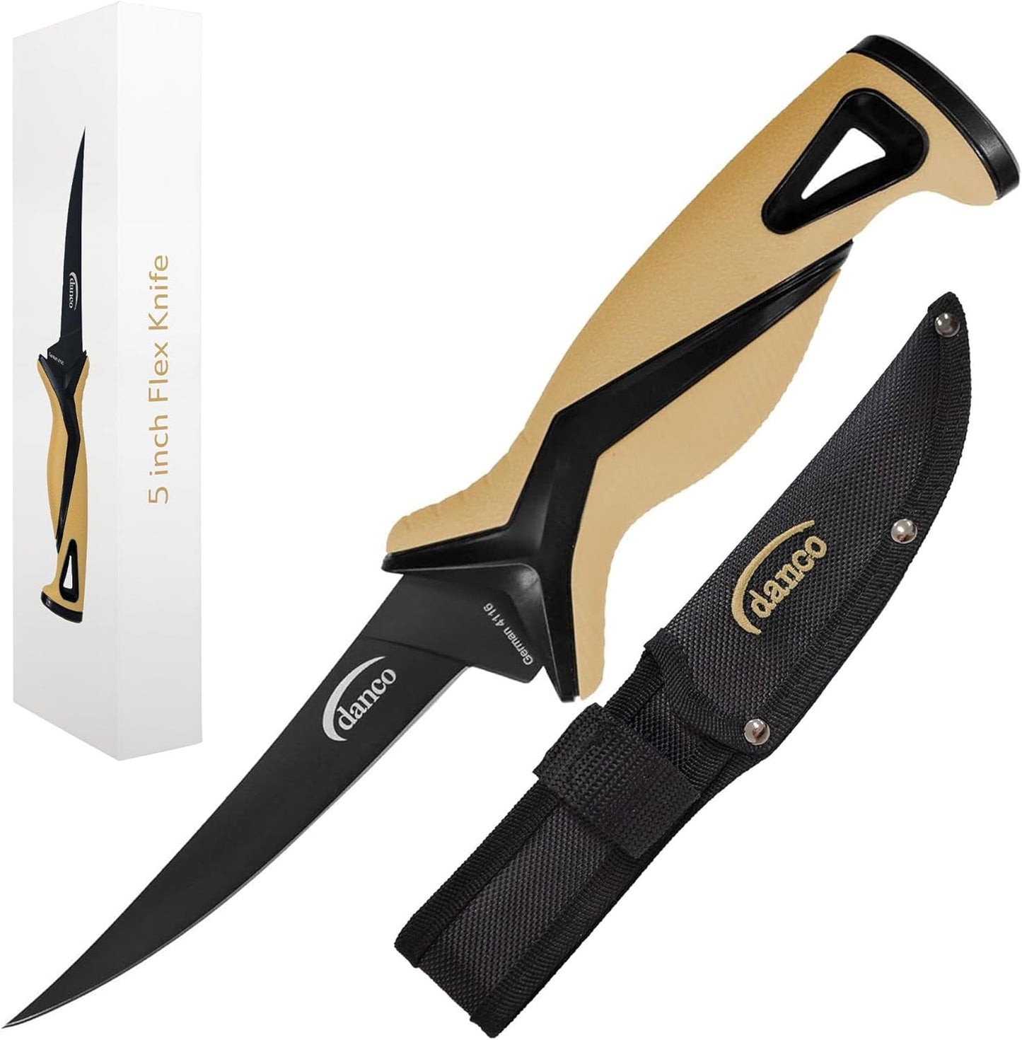 danco Pro Series 5-Inch Fillet Knife with German Steel Blade and Sheath | Pro Series 5-Inch Fillet Knife, Full Tang German G4116 Stainless Steel Blade, Teflon Coating, TPR Grip, Molded Nylon Sheath