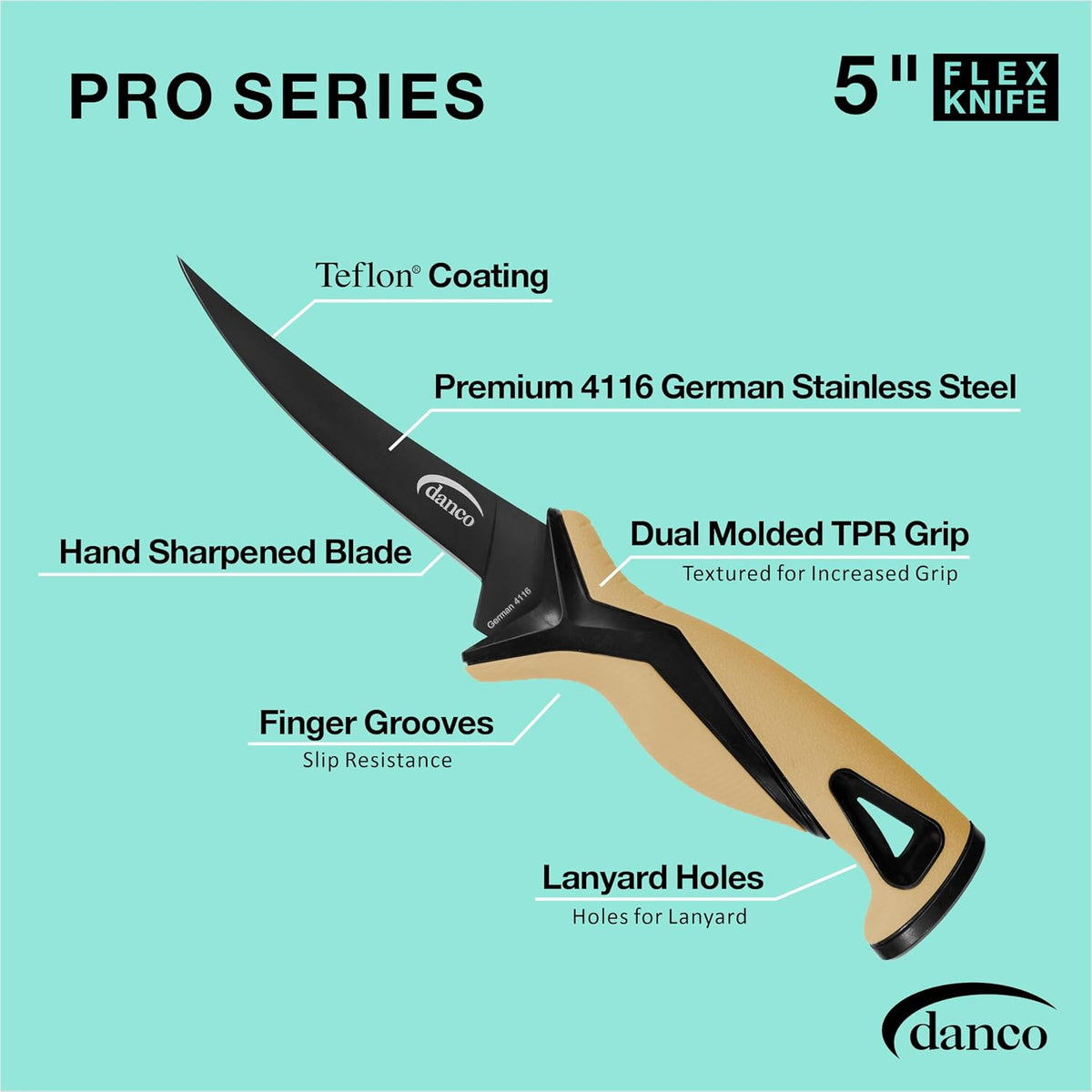 danco Pro Series 5-Inch Fillet Knife with German Steel Blade and Sheath | Pro Series 5-Inch Fillet Knife, Full Tang German G4116 Stainless Steel Blade, Teflon Coating, TPR Grip, Molded Nylon Sheath