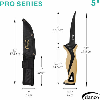danco Pro Series 5-Inch Fillet Knife with German Steel Blade and Sheath | Pro Series 5-Inch Fillet Knife, Full Tang German G4116 Stainless Steel Blade, Teflon Coating, TPR Grip, Molded Nylon Sheath
