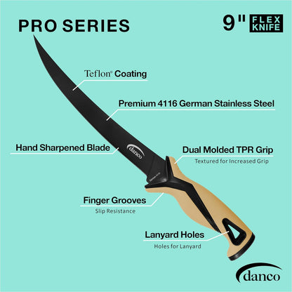 danco Pro Series 5-Inch Fillet Knife with German Steel Blade and Sheath | Pro Series 5-Inch Fillet Knife, Full Tang German G4116 Stainless Steel Blade, Teflon Coating, TPR Grip, Molded Nylon Sheath
