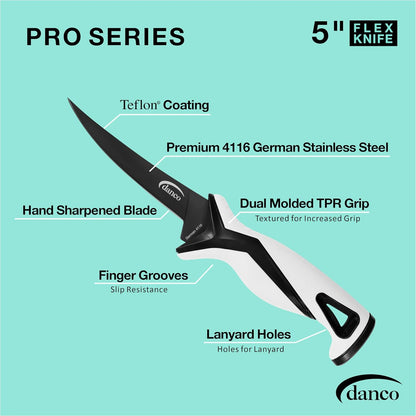 danco Pro Series 5-Inch Fillet Knife with German Steel Blade and Sheath | Pro Series 5-Inch Fillet Knife, Full Tang German G4116 Stainless Steel Blade, Teflon Coating, TPR Grip, Molded Nylon Sheath