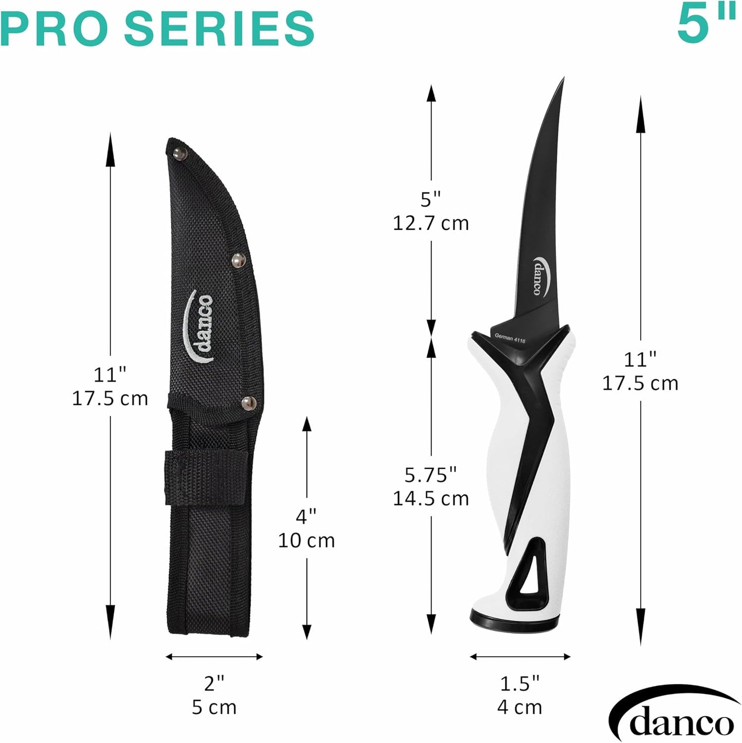 danco Pro Series 5-Inch Fillet Knife with German Steel Blade and Sheath | Pro Series 5-Inch Fillet Knife, Full Tang German G4116 Stainless Steel Blade, Teflon Coating, TPR Grip, Molded Nylon Sheath
