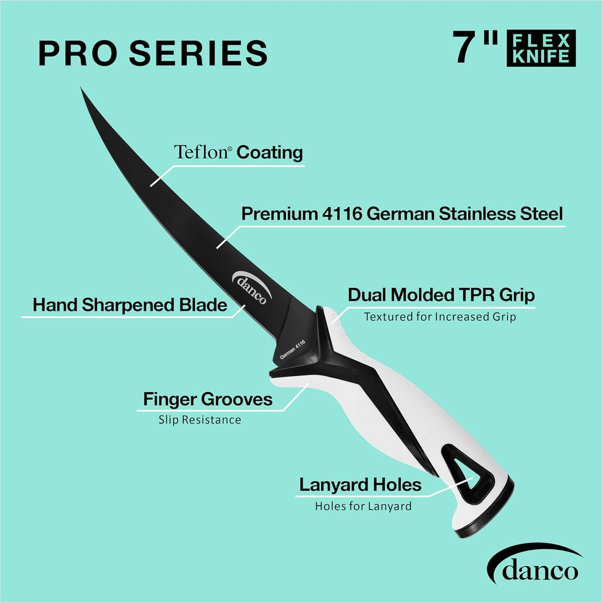 danco Pro Series 5-Inch Fillet Knife with German Steel Blade and Sheath | Pro Series 5-Inch Fillet Knife, Full Tang German G4116 Stainless Steel Blade, Teflon Coating, TPR Grip, Molded Nylon Sheath
