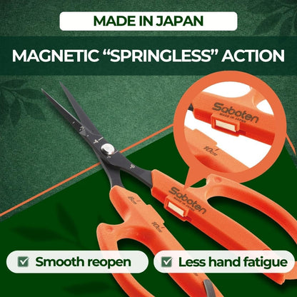 Saboten Japanese Harvesting Shears, Magnetic Springless, Fine-Tip Angled Blade, Fluorine-Coated Steel, Non-Slip Grip, Safety Lock, Made in Japan (Orange)