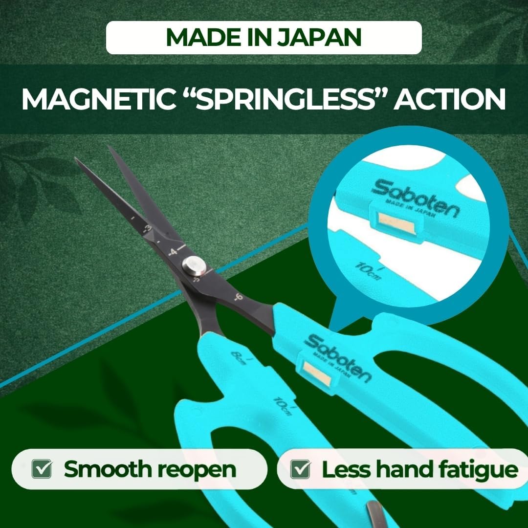 Saboten Japanese Harvesting Shears, Magnetic Springless, Fine-Tip Angled Blade, Fluorine-Coated Steel, Non-Slip Grip, Safety Lock, Made in Japan (Orange)