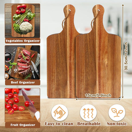 12 Packs Acacia Wood Cutting Board,12 x 6 Inch Plain Chopping Board with Handles Serving Board Wooden Kitchen Cutting Board Bulk with Rope and Plaid Ribbon for Vegetables Meat Pizza Cheese Fruit Bread