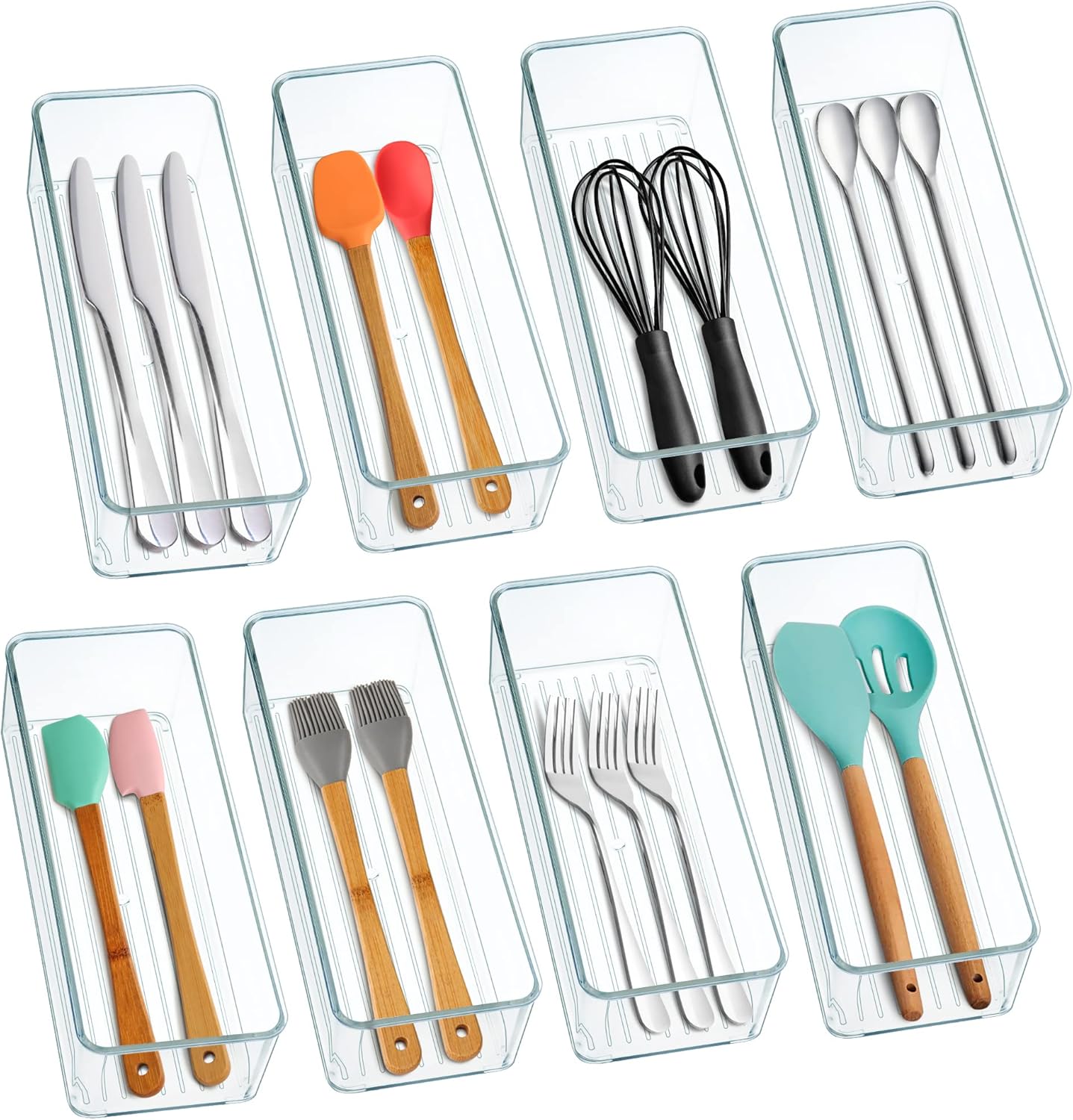 8 Pack Clear Plastic Drawer Organizer Bins Set, Stackable Cutlery Storage Bins Trays for Organizing Kitchen, Bathroom, Office, Crafts, Gadgets, Cabinet Supplies